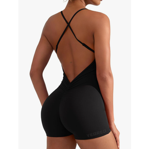 YEOREO Backless Tummy Control Jumpsuits for Women One Piece Workout Jumpsuits Sleeveless V Back Lizvette Scrunch Yoga Rompers, Size Small