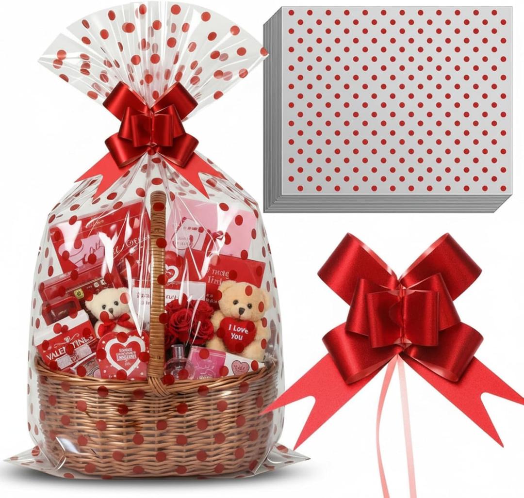 Teenyyou 24 Pcs Cellophane Bags for Basket 24 x 30 Inches & 24 Pcs Large Pull Bows, X-Large 2.5 Mil Thickening Plastic Cellophane Bags for Valentine's Day Birthday Party Gift Wrapping(Dot)