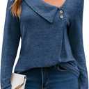 Yousify Womens Asymmetric V Neck Shirts Long Sleeve Fall Dressy Casual Button Down Tunic Tops Business Loose Fit Blouses (Medium, Dark Blue)