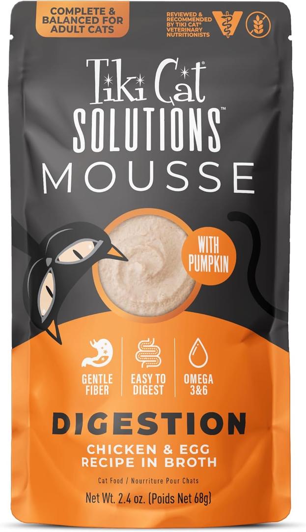 Tiki Cat Solutions Digestion Mousse, Chicken & Egg Recipe in Broth, Formulated to Support Healthy Digestion, Functional Wet Cat Food, 2.4 oz. Pouch (12 Count) (EXP 10/28/26)