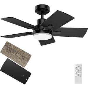 Ceiling Fan With Light 32-Inch, Remote Control Reversible DC Motors, 3CCT Dimmable Timer Noiseless, Black Small Compact Ceiling Fan for Bedroom Living Room, Indoor&Outdoor