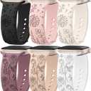 6 Pack Floral Engraved Silicone Bands Compatible for Apple Watch Band 38mm 40mm 41mm 42mm 44mm 45mm 46mm 49mm Women,Flower Sport Straps for iWatch Series 10 9 8 se Ultra 7 6 5 4 3 2 (Black/Starlight/Pink/Milk Tea/Smoke Violet/White)