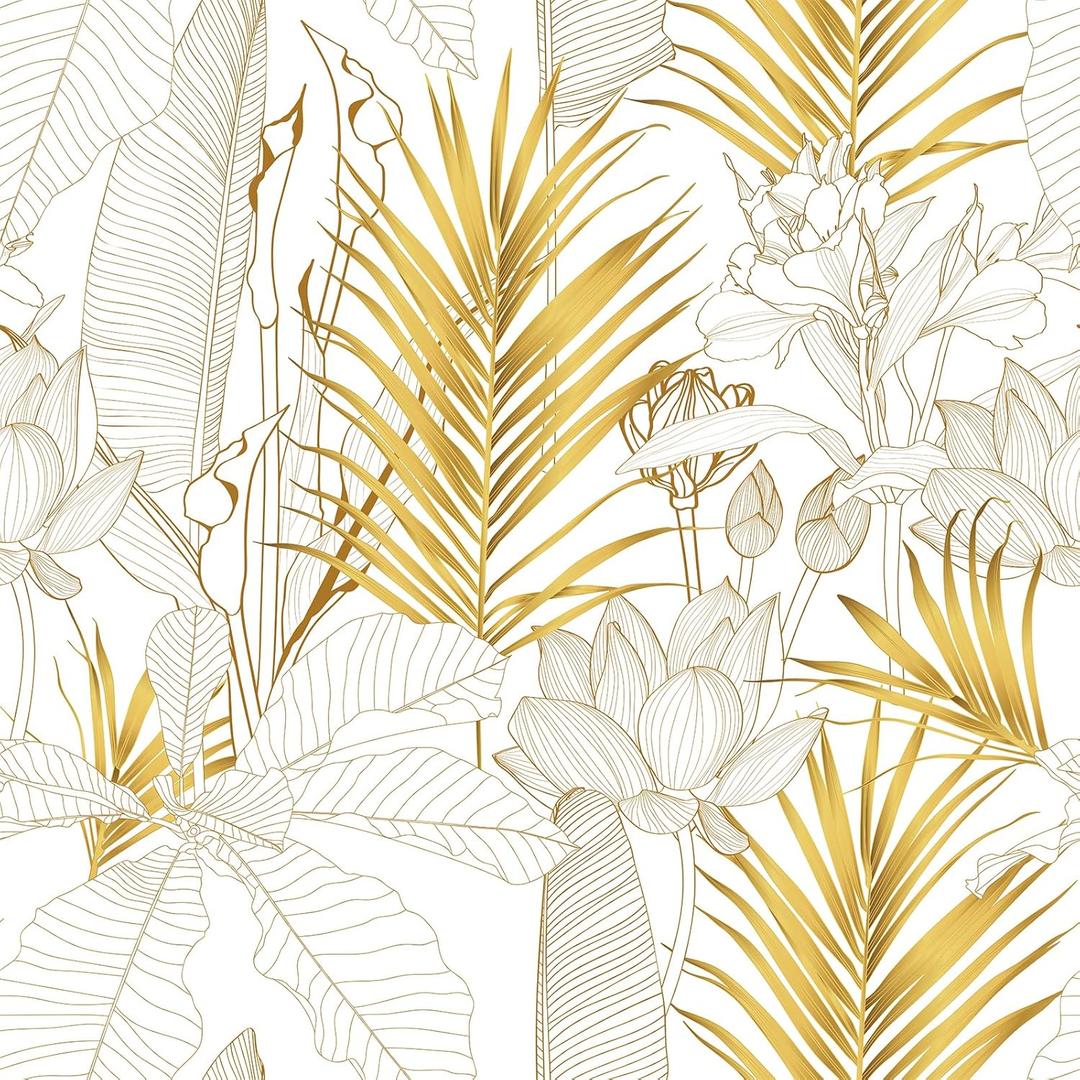 VEELIKE Gold Palm Leaves Tropical Wallpaper Peel and Stick Boho Sketch Lotus Floral Wallpaper for Bedroom Living Room 17.7''x354'' Prepasted Removable Gold Floral Mural Contact Paper for Walls Cabinet