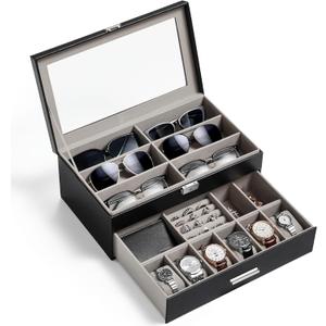 Lifewit 2- layer Sunglasses Organizer with Glass Lid, 6 Slots eyeswear Holder, 6 Slots Watch box, Spaces for Rings, Brooch, Tie Clip, Multiple Eyeglasses Display Case for Men, Gift Idea, Inky Black