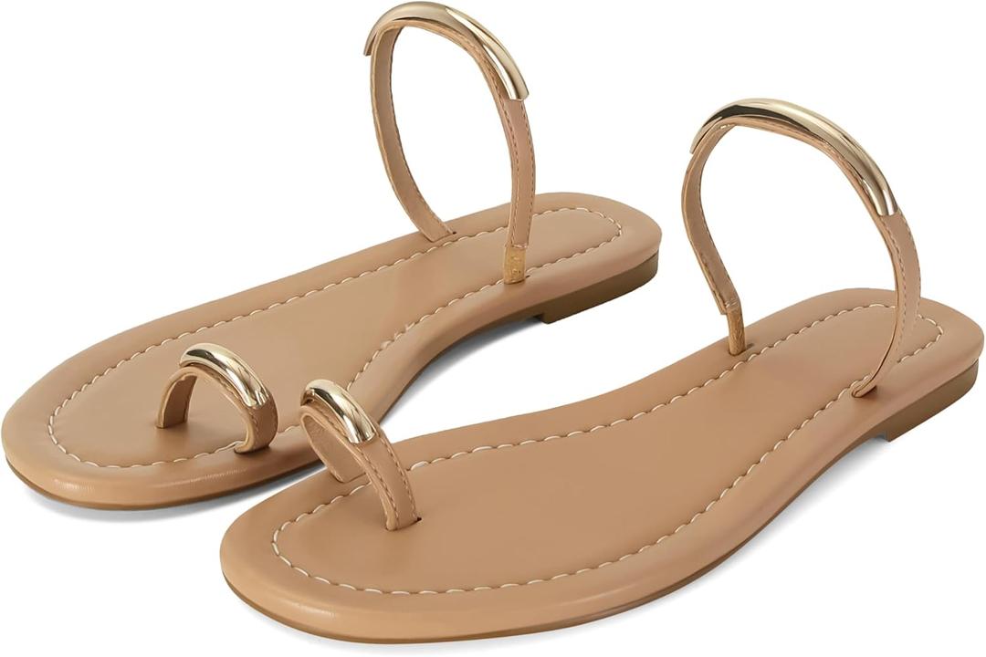 SOVANYOU Women's Toe Ring Thong Sandals Slip On Flat Flip Flops Open-Toe Slide Summer Sandals for Casual Beach & Dressy Outfits,8,5 (Beige)