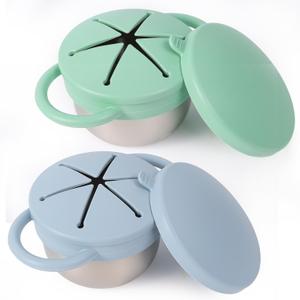 2 Pack Stainless Steel Spill Proof Snack Cup for Baby Toddlers Kids, with Silicone Food Catcher, Travel Lid, Spill-Proof Bowl Containers, Toddlers Essentials, Non Toxic BPA Free (Light Blue and Green)