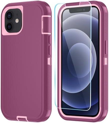 ouyncase Phone Case for iPhone 12/13 Mini with HD Screen Protector, Heavy Duty Shockproof & Dropproof 3-Layer Cover Case (WineRedPink)