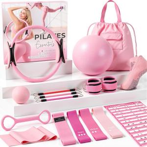 Pilates Kit, Pilates Equipment for Home Workouts, Home Pilates Essentials Kit for Women with Pilates Ring and Ball Set, Socks, Ankle Resistance Bands with Cuffs, Resistance Band and Massage Ball, Pink