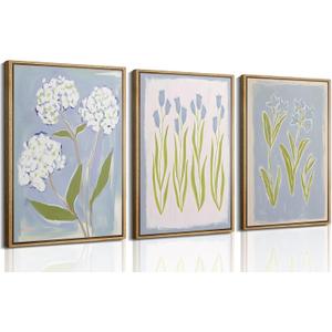 3Pcs Blue Green Tulip Hydrangea Flower Wall Art Flowers Plant Aesthetics Painting Picture Decor Elegant Preppy Poster Print Artwork for Living Room Gallery Bedroom Dorm Home Decoration