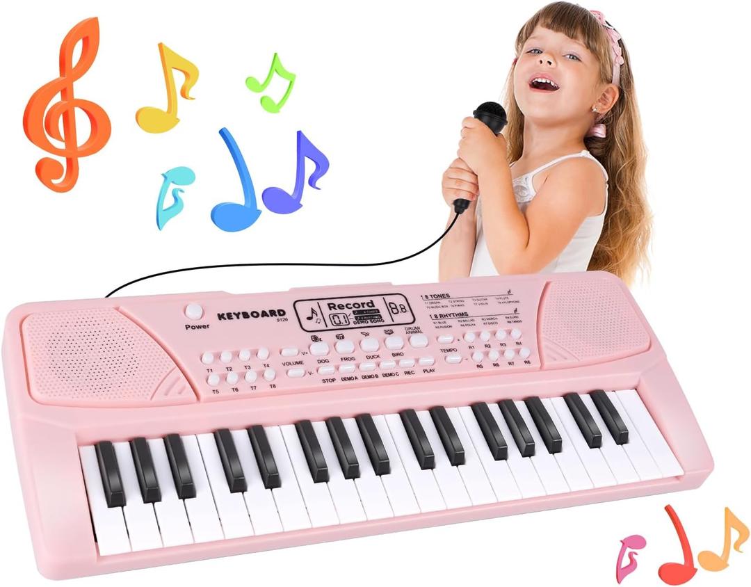 M SANMERSEN Upgraded 37 Key Kids Piano Keyboard with Microphone Music Toys for 3 4 5 6 Year Old Girls Gifts, Pink