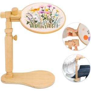 Adjustable Embroidery Hoop Stand Cross Stitch Stand Lap, Beech Wood Embroidery Hoop Holder Frame, Rotated Needlepoint Frame Stand for Art Craft Sewing Needlework Projects