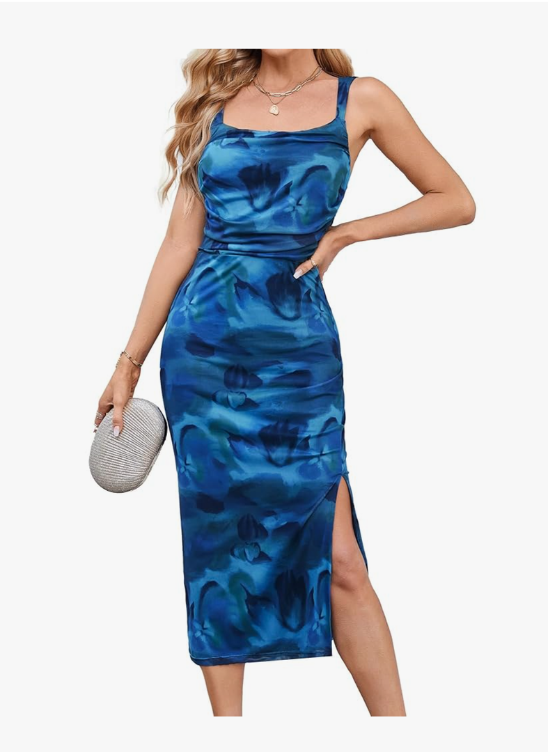 GRACE KARIN Mesh Dress for Women Tie Dye Bodycon Midi Stetchy Wedding Square Neck Party Cocktail, size -S