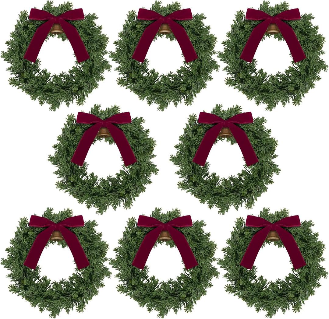Dingion 8 Pcs Christmas Wreath Decorations 10 x 10 Inches Christmas Cabinets Wreaths with Red Ribbon Bow Bell Mini Artificial Hanging Garlands for Front Door Window Chair Wall