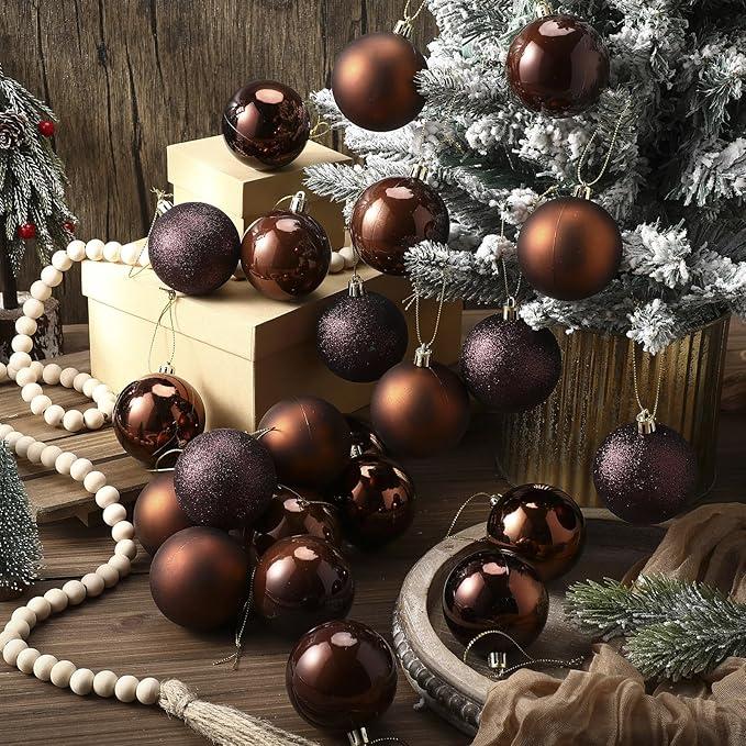 Lunmon 24 Pcs Brown Christmas Ball Ornaments 2.4 Inch Glitter Matte Shiny Chocolate Xmas Baubles Rustic Neutral Farmhouse Xmas Tree Hanging Decorations Modern Christmas Home Decor for Tree Holiday