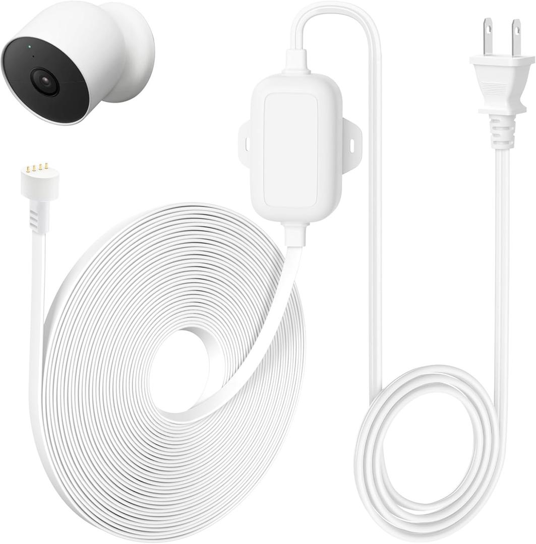 30ft/9m Power Adapter Compatible with Google Nest Cam Outdoor or Indoor, Battery(2nd Gen), Weatherproof Power Cable for Nest Cam Continuously with One-Piece Molding Adapter