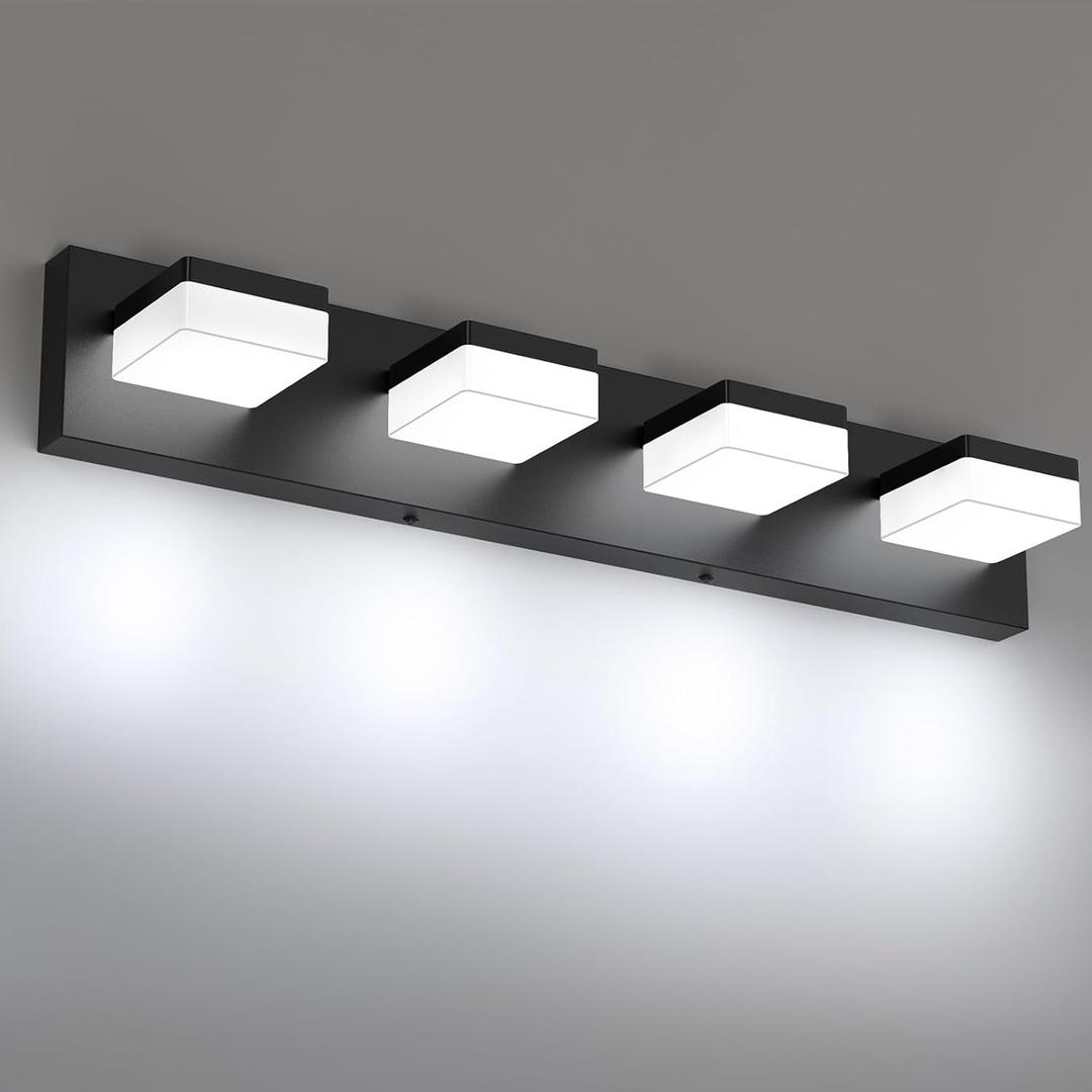 IZORRO LED Bathroom Vanity Light Fixtures, 4-Light Matte Black Modern Acrylic Bathroom Wall Lighting Fixtures Over Mirror (Cool White 6000K) IP44