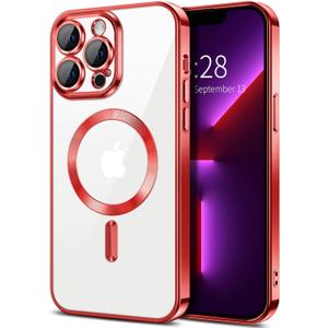 Hython Magnetic Clear for iPhone 13 Pro Case with Camera Lens Protector [Compatible with MagSafe] Luxury Plating Edge Slim Soft TPU Cover Protective Phone Case for iPhone 13 Pro 6.1", Red