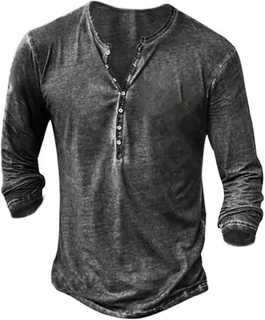 Beotyshow Mens Distressed Henley Shirts Front Placket Retro Long Sleeve Tee Shirts Casual Button Down Washed T-Shirts for Men (Black, XL)