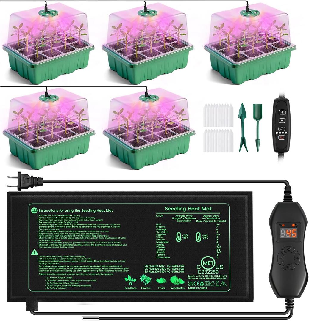 YAUNGEL Seed Starter Tray with Grow Light, Heat Mat with Thermostat, 5 Pack Seed Starter Kit with Timing Controller Adjustable Brightness, Thicken Seedling Starter Trays with Humidity Domes