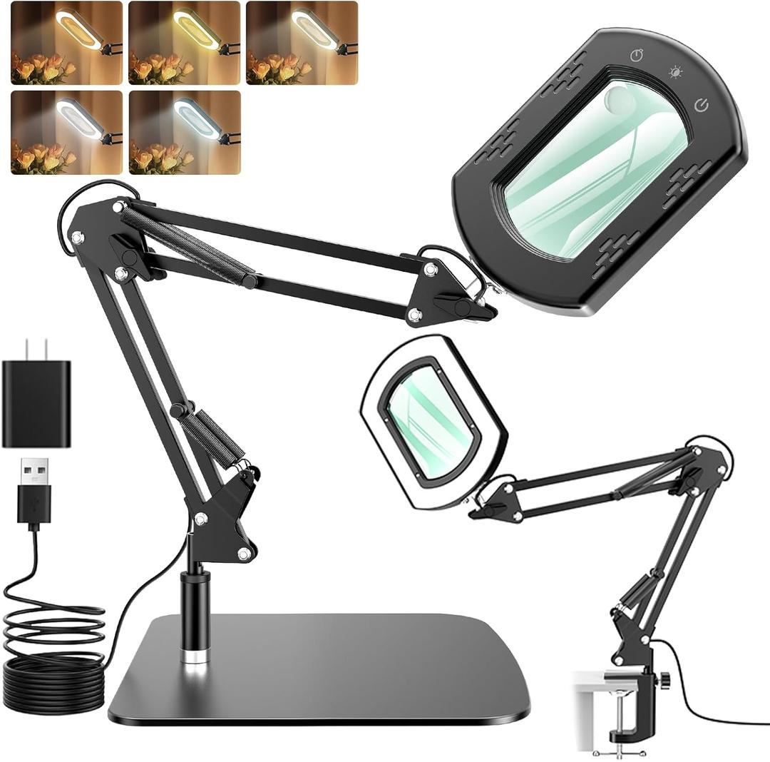 10X 30X Magnifying Glass with Light, Magnifying Lamp with Real Glass Square Lens, Stepless Dimming & 5 Color Modes, Magnifying Glass for Close Work, Crafts, Sewing, Repair & Reading
