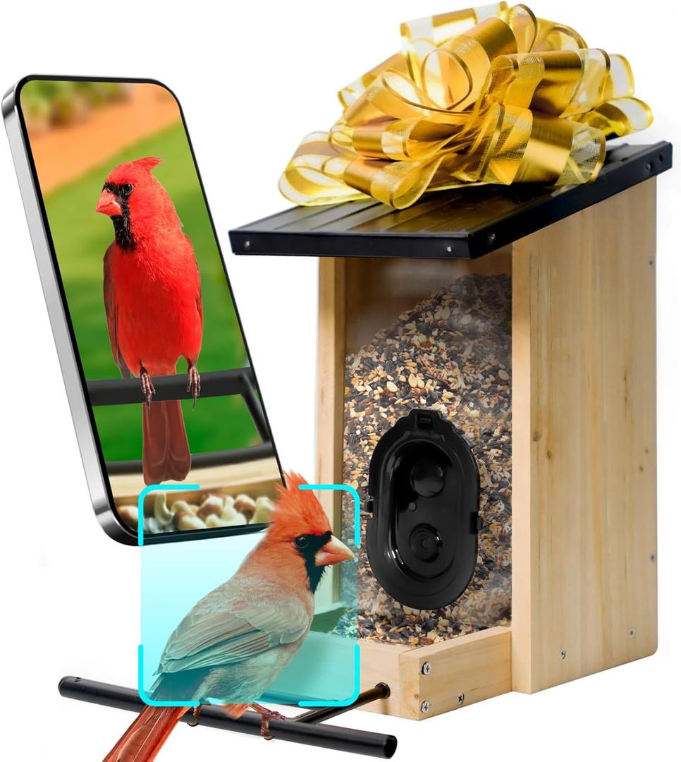 ABRCT Smart AI Bird Feeder with Camera Solar Powered, Fine Wood Camera Birds Feeder Outdoors, 10000+ Species Identify&Auto Capture, CCPA Data Protection, Ideal Gift for Bird Lovers(Metal Top)