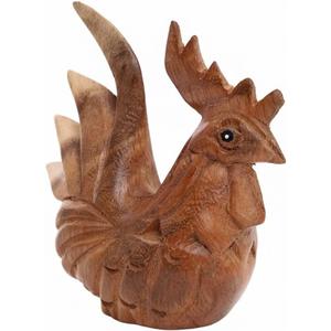 Thai Wooden Hand Carved Wooden Rooster Statue, Sculpture Art Decorative Rustic Home Decor Accent Handmade Handcrafted Decoration (Natural Color)