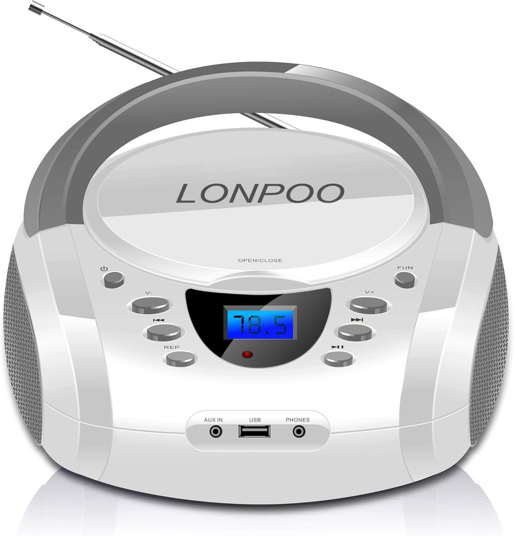LONPOO CD Players Portable Boombox with FM Radio/USB/Bluetooth/AUX Input and Earphone Jack Output, Stereo Sound Speaker & Audio Player, White