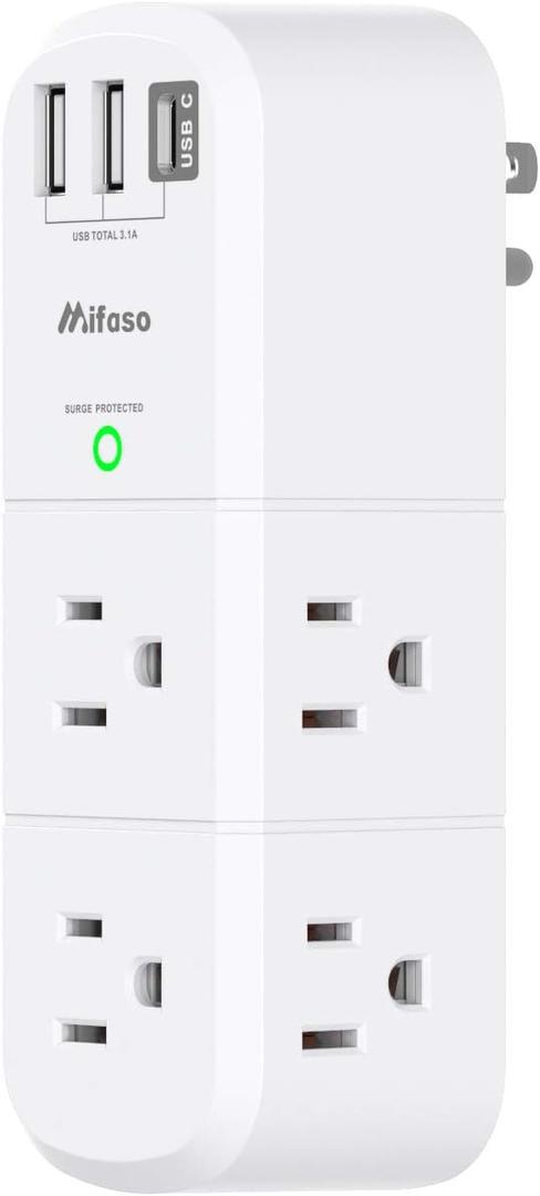 Outlet Extender with Rotating Plug, Mifaso Surge Protector 6 AC Multi Plug Wall Outlets and 3 USB Ports, 1800 Joules, 3-Sided Swivel Power Strip Spaced Splitter for Home, Travel, Dorm Room Essentials (White)