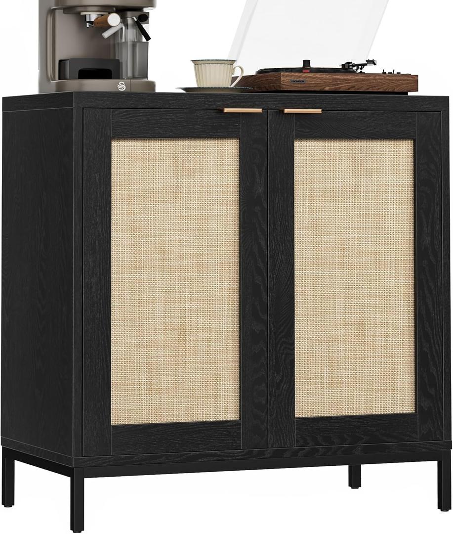 Buffet Cabinet with Rattan Decorated Doors, Buffet Table with Storage, Sideboard with Adjustable Shelves, Coffee Bar Cabinet Cupboard for Living Room, Kitchen, Entryway, Black