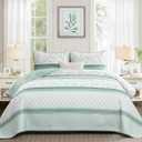 Quilt Set Queen Size, Green Striped Quilt Queen Boho Patchwork Leaves Printed Bedspread Coverlet Set with 2 Pillowcases, 3 Piece Soft Lightweight Microfiber Quilt Bedding Set for All Season (96"x90")