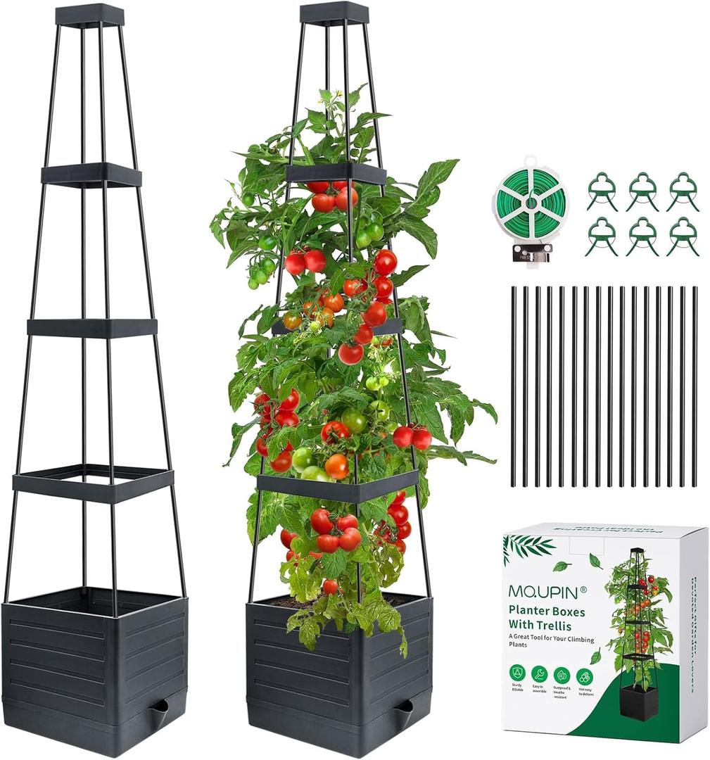 MQUPIN 2 Pack Tomato Planter with Trellis, 57" Self-Watering Raised Garden Bed Planter Box for Climbing Plants Vine Flowers Vegetables, Tomato Cage for Indoor Outdoor Patio Greenhouse