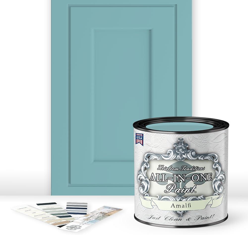 ALL-IN-ONE Paint by Heirloom Traditions, Amalfi (Agua Blue), Quart - Durable cabinet and furniture paint. Built in primer and top coat, no sanding needed. Includes our 30 featured color card. (32 Fl Oz (Pack of 1))