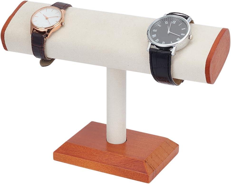 UNICRAFTALE Solid Wood T-Bar Watch Display Stand Faux Suede Jewelry Organizer Holder Beige Countertop Table Top Jewelry Tower Jewelry Accessory Showcase for Watch Bracelet 8.07"D x 2.76"W x 5.59"H