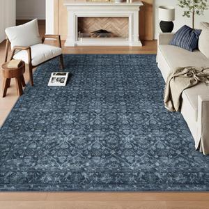 Hedlive Vintage Blue Rugs for Living Room, Ultra-Thin Washable Rugs 8x10 Area Rugs for Bedroom Non Slip, Stain Resistant Vintage Carpet Rug for Dining Room High Traffic Area (8'x10', Blue)