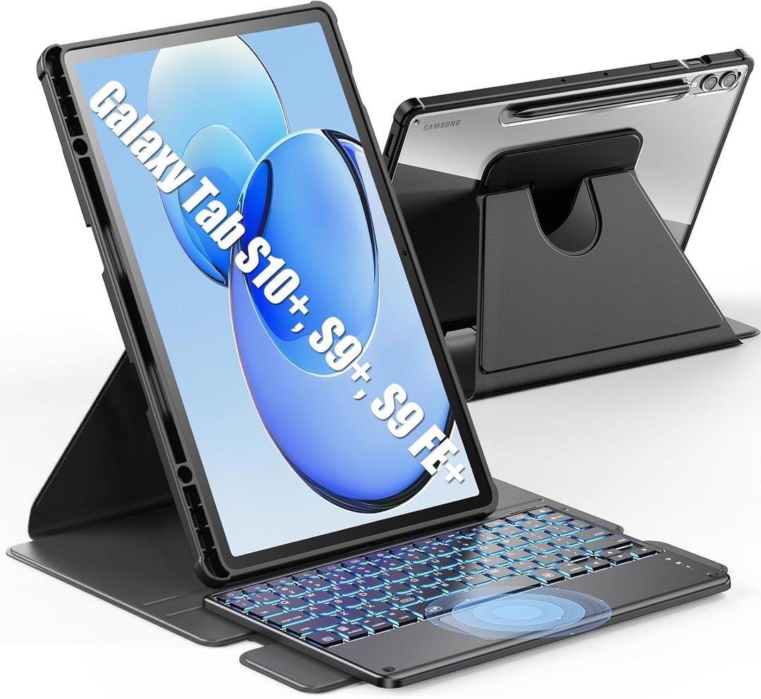 INFILAND for Galaxy Tab S10+, S9+ Plus/S9 FE+ Plus Keyboard Case, [High Precision Tackpad] 360 Rotating Stand Detachable Magnetic Wireless Keyboard Cover, Light Black