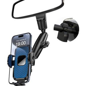 Rear View Mirror Phone Holder, 360° Rotating Car Phone Holder Mount Compatible with All 4-7 Inch iPhone and Android Cell Phones (Blue)