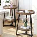 Round End Table Set of 2, 2-Tier Tray Top Side Table Decor Table, Ultra Stable Coffee End Table/Nightstand, Modern Farmhouse Couch Table for Living Room, Bedroom, Bedside Stand or Small Spaces, Walnut, 2 Pcs 2-Tier