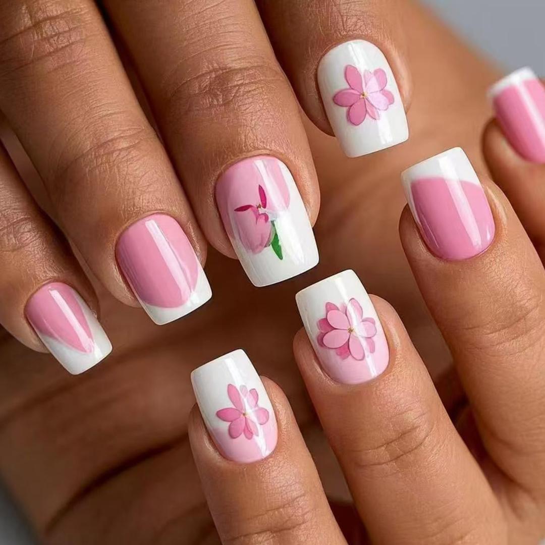 Medium Square Press on Nails French Tip False Nails with Leopard Print 3D Flower and Stars Designs Fake Nails Embossed Acrylic Nails Full Cover Stick on Nails for Women 24 Pcs (P-13, M-13)