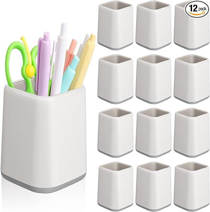 Mimorou 12 Pcs Pen Holder Pencil Holder Bulk for Desk Plastic Square Cups for Pen Makeup Brush Storage Organizer Pencil Cup Stationery for Classroom School Office Supplies 4.1 x 2.95 Inch(White)