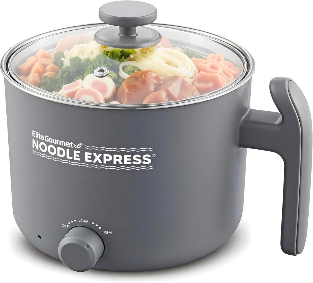 Elite Gourmet NOODLE EXPRESS Hot Pot, Prepare Ramen, Rice, Soups, Stews, Boil Water, Stainless-Steel Interior, Glass Lid, High/Low/Off Settings, Grey (1.3 Quarts)