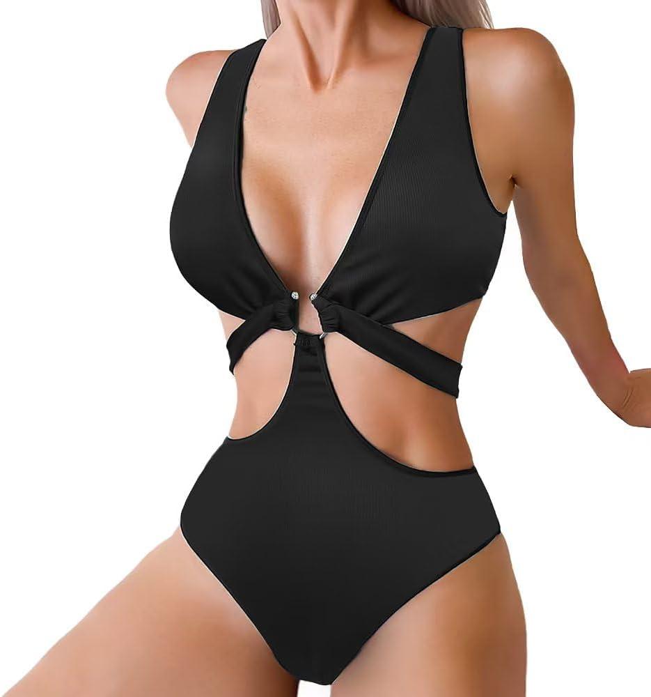 Women's Deep V Neck One Piece Swimsuit O-Ring Swimwear Sexy Cut Out Bathing Suit (Medium, Ribbed Black)