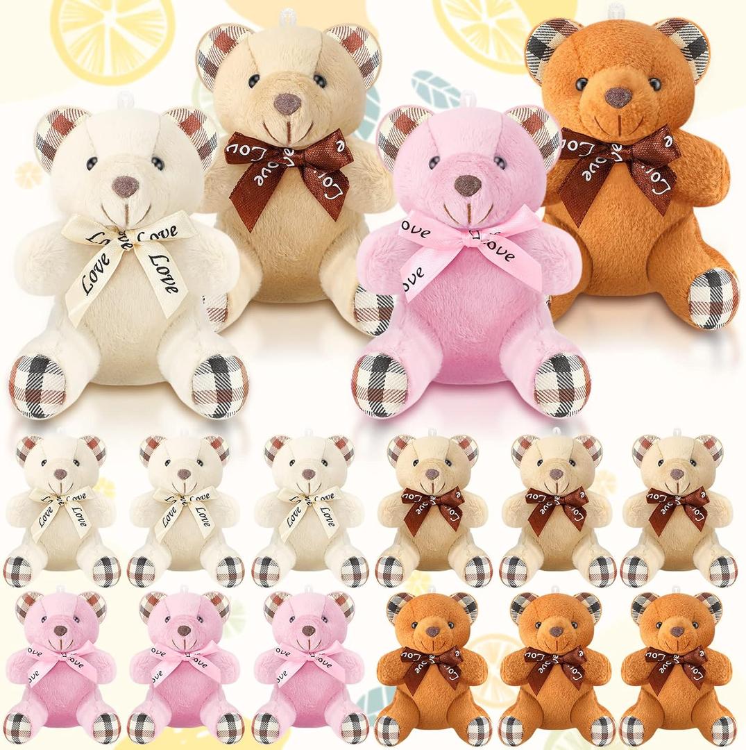 Skylety 16 Pcs Bear Stuffed Animal Mini 4 Inch Bear Bulk Keychain Gift for Wedding Baby Shower Birthday Party Favor(Plaid Style)