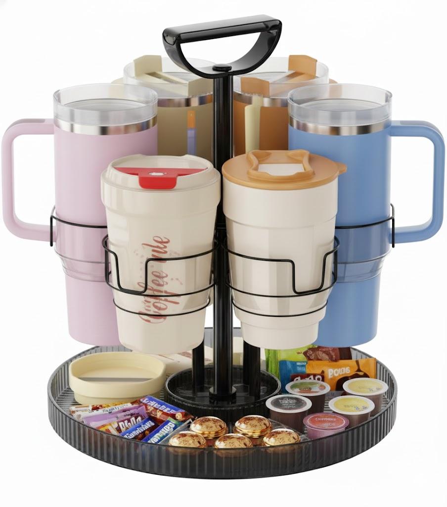 OGOTEZ Rotating Water Bottle Organizer for Stanley Cup 20/30/40oz, Tumbler Holder Organizer for Kitchen Cabinets, Drying Rack with Storage Tray for Stanley Cup Accessories Snack Caddy (BLACK)