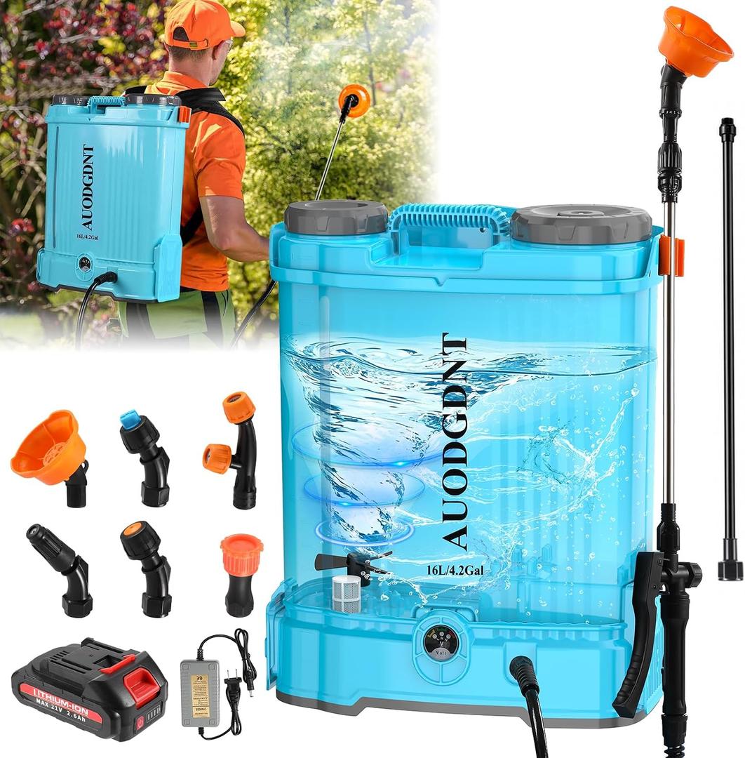 Battery Powered Backpack Sprayer 4 Gallon with Auto-Mixing System, 2 Spray Wands, Compatible with Makita 21V Battery, 100 PSI Electric Sprayer with 21V 2.6Ah Battery & 6 Nozzles, for Weeding, Spraying