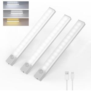 3-Pack Under Cabinet Lighting 8-Inch Rechargeable Motion Sensor Light Indoor 3 Color Dimmable Closet Light, USB Stick on LED Magnetic Under Counter Lights for Kitchen Stair