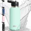 GORILLA GRIP Insulated Stainless Steel Water Bottle with Straw, 32 oz, Leak Proof BPA-Free Reusable Travel Bottles for Sports, School, Keep Drinks Cold, Dent Resistant Tumbler, Dishwasher Safe, Mint