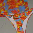 Women's 3 Piece Floral Cheeky Bikini Sets Halter String Swimsuit with Mesh Beach Cover Up Skirt (Large, Blue Orange)