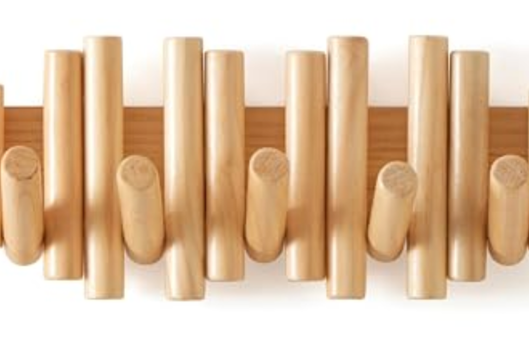 Wooden Wall mounted wood coat rack | 15 inches long , 6.5" high, with 5 Flip-Down Hooks | Modern Natural Pine Wood Finish | Decorative Hanging Storage Wall Hooks for Entryway or Bedroom