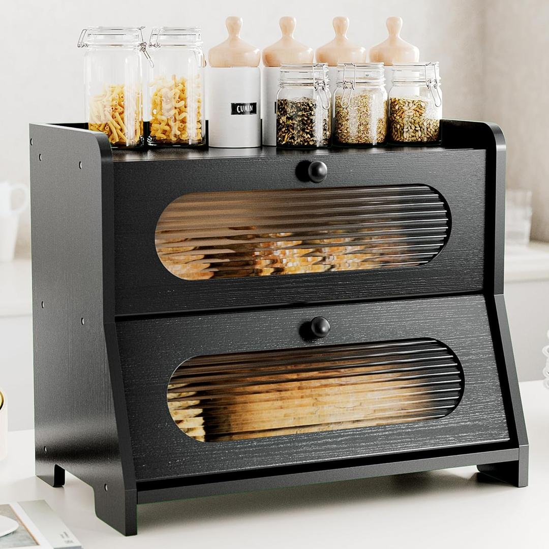 Bread Box,Extra Large 2-Tier Bamboo Bread Box for Kitchen Countertop,Bread Storage Container with Magnetic Acrylic Door for Homemade Bread,Under Cabinet,Pantry Organizer(Black)