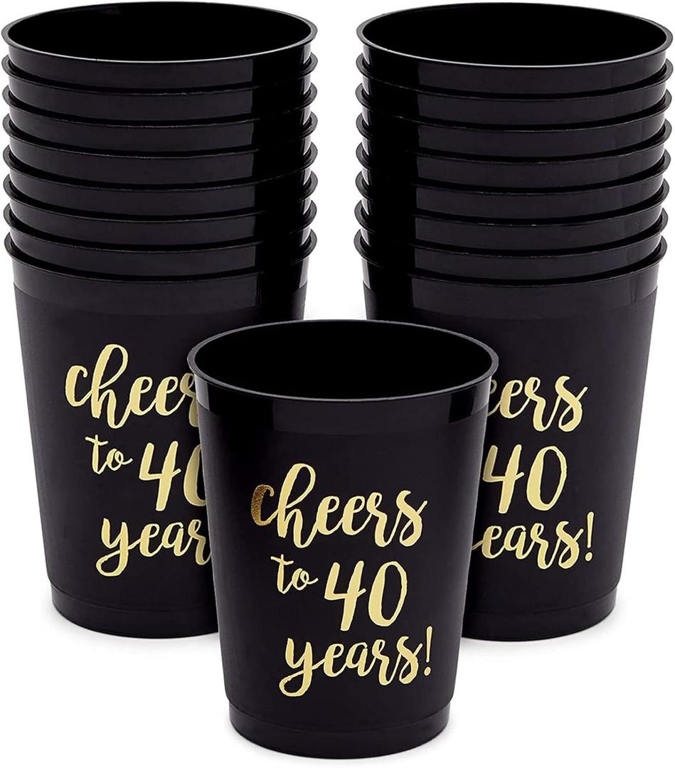 Sparkle and Bash 16 Pack Cheers to 40 Years Plastic Party Cups - 40th Birthday Decorations for Men and Women, Anniversaries (Black Plastic Cups, 16 Oz)